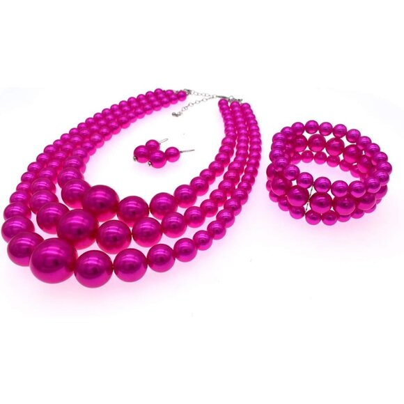 Faux Pearl Necklace and Earring Set Big Chunky Pearls Costume Jewelry - Picture 4 of 6